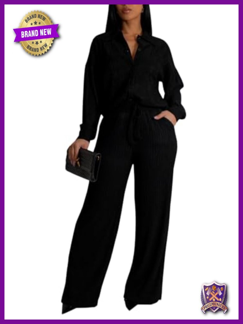 Two Piece Outfit Set Long Sleeve Button Down Shirt Wide Leg Pants Vacation